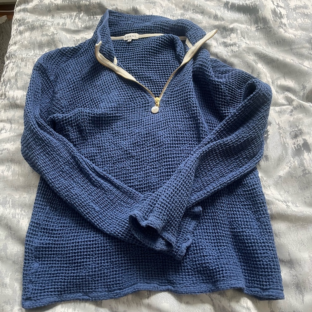 DONNI. Navy Waffle Knit Half-Zip Pullover